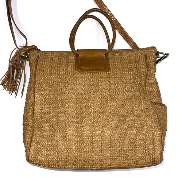 HOBO Sheila Natural Raffia Leather Large Satchel Crossbody Convertible Purse - Picture 3 of 16